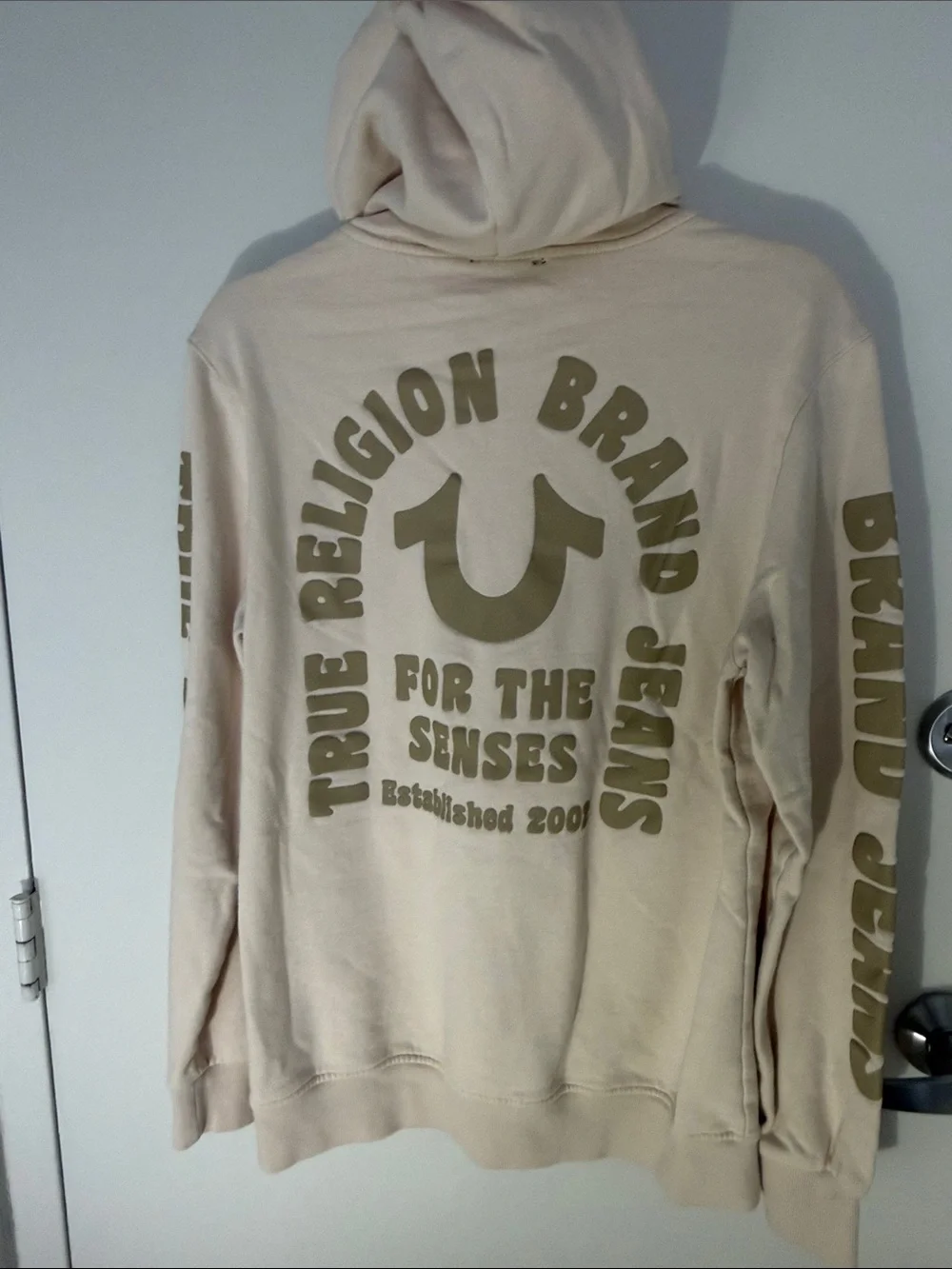 True Religion Men’s Cream Pullover Hoodie with Olive Logo